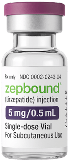 Vial de inyección Zepbound recetada de 5 mg/0,5 ml. La etiqueta dice: Solo para uso subcutáneo.