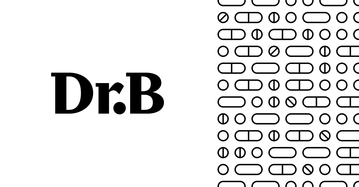 El  Dr. B  logotipo, una letra «B» negra sobre un cuadrado blanco, junto a una cuadrícula de píldoras ilustrada en blanco y negro.